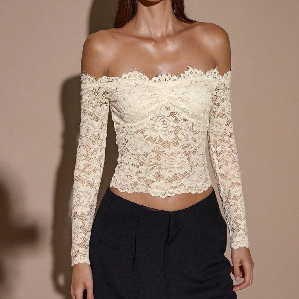 Apricot Elegant Women's Sexy Sheer Hollow Off Shoulder Long Sleeve Lace Top